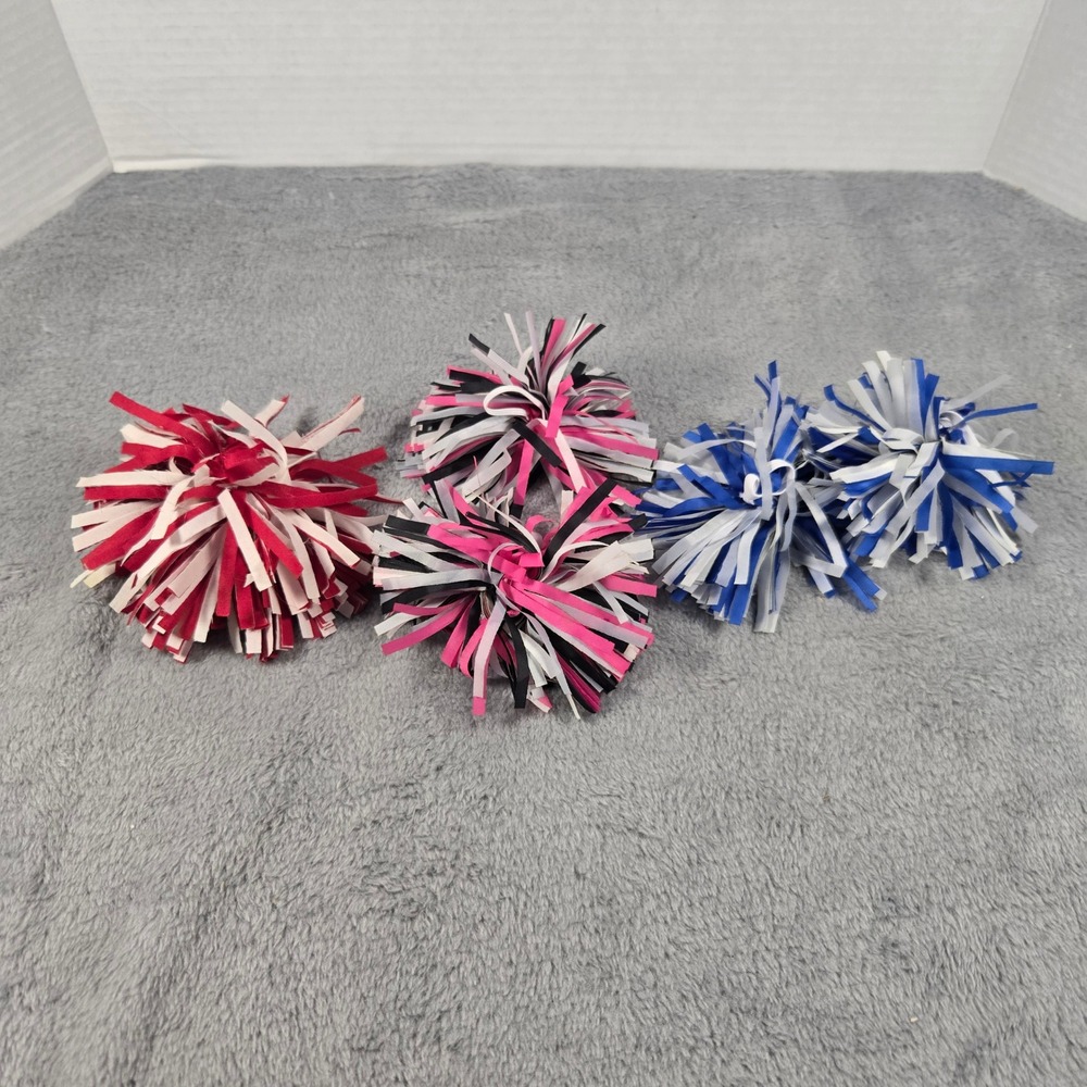 Lot of 5 Doll Ribbon Pom Pom Hair Ties Cheer Dance Sports Blue Pink Red White